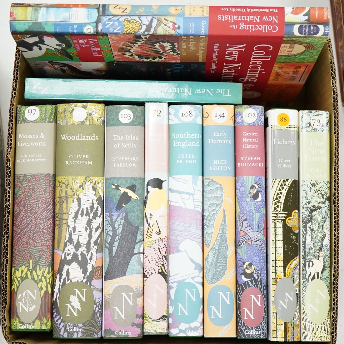 Collins New Naturalist series - the following titles: Heathlands (Webb, no.72); The New Forest (Tubbs, 73); Lichens (Gilbert, 86); Mosses and Liverworts (Porley & Hodgetts,97); Woodlands (Rackham,100); Garden Natural His